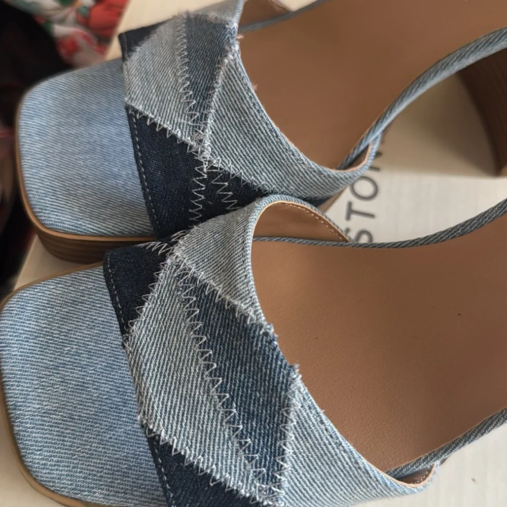Sun + Stone Denim Patchwork Platform Sandals in Light Blue & Dark Blue